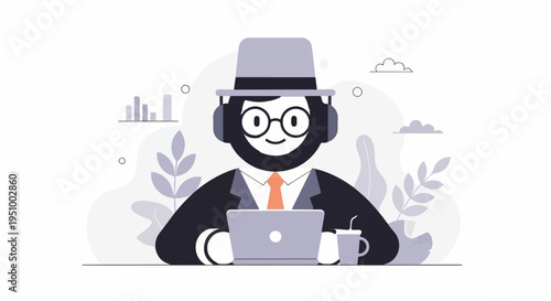 Stylized person with headphones and hat works on laptop, enjoys coffee