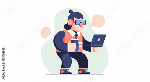 Stylized person with headphones and glasses uses laptop, holds drink
