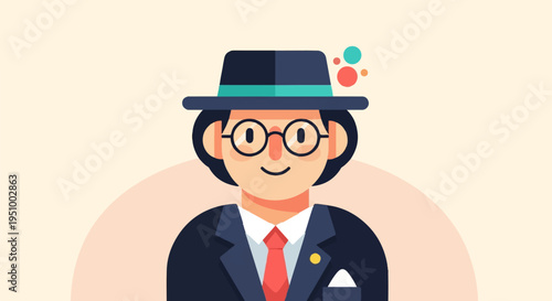 Stylized person with hat, glasses, suit, tie, and pocket square