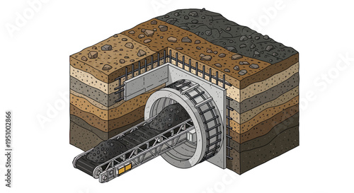 Cross-section illustration of a tunnel boring machine (TBM) excavating a tunnel through various soil and rock layers, with a conveyor belt system for material removal.
