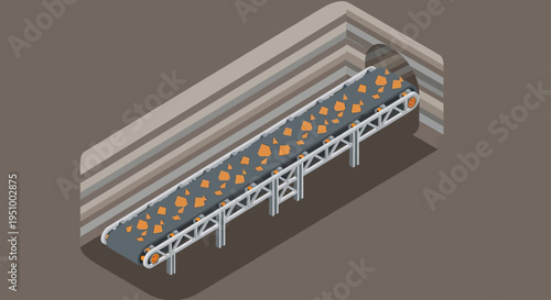 Isometric illustration of a conveyor belt system transporting ore within a mine shaft, showcasing industrial mining operations and material handling.