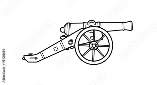 Detailed line drawing of a historic cannon on a carriage