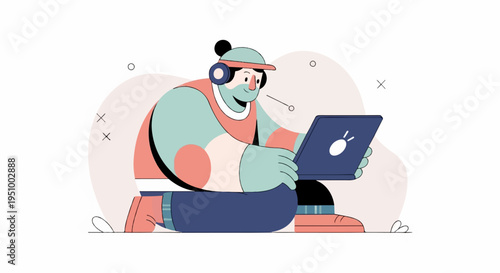 Stylized person with headphones and laptop on white background