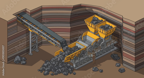 Isometric illustration of a coal mining operation with a conveyor belt and processing machinery extracting and sorting raw coal from layered earth.