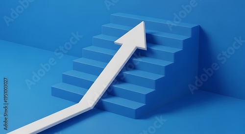 Three dimensional upward pointing arrow ascends a set of stairs against a blue background