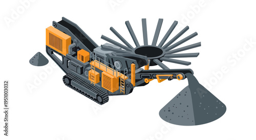 Isometric illustration of a mobile crushing machine processing aggregate material into piles.