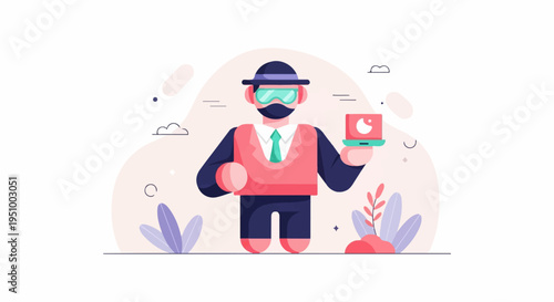 Stylized person with virtual reality headset and laptop