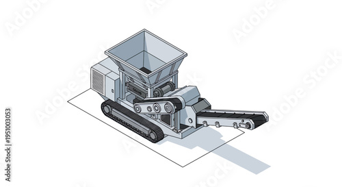 Isometric illustration of a mobile tracked shredder with a large hopper and conveyor belt system, designed for industrial waste processing.