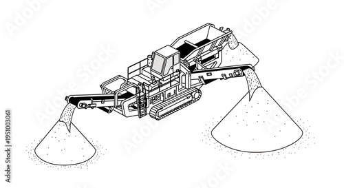 Illustration of a mobile crushing machine processing aggregate material into two separate piles.