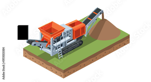 Isometric illustration of a mobile crushing machine processing aggregate on a construction site.