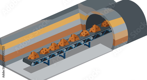 Conveyor belt transporting excavated materials through a tunnel, illustrating underground construction and mining operations.