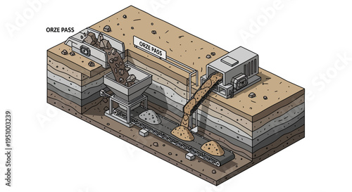 Diagram illustrating the process of mining and processing gravel and sand from layered geological strata.
