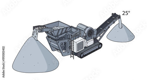 Illustration of a mobile crushing machine processing aggregate material and creating two separate piles of processed material.