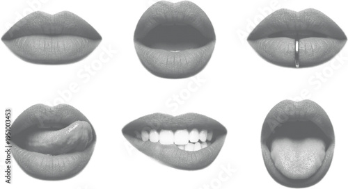 Set of smiling mouth and biting lips halftone design concept with black dots texture isolated on a white background space.