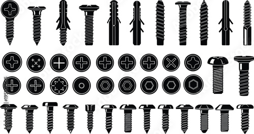 Black Silhouette Vector Set of Various Screws Bolts Plastic Wall Plugs Rivets and Fastener Head Types Isolated on White Background