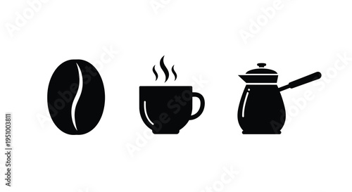 Coffee bean cup and pot icons displayed in black silhouette