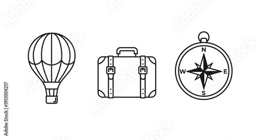 Travel icons featuring a hot air balloon suitcase and compass silhouette