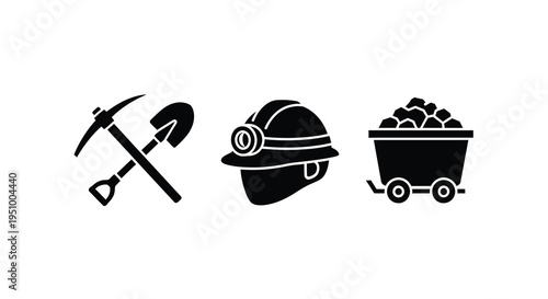 Mining tools including a pickaxe helmet and ore cart silhouette