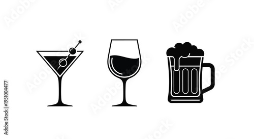 Three alcoholic beverages depicted in a stark black silhouette