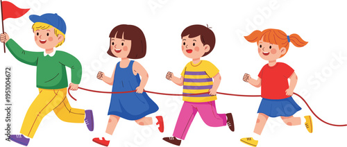 Cartoon School Children Running and Holding Red Rope, Happy Kids Group Playing Together, Early Childhood Education Activities, Kindergarten Students Outdoor Play