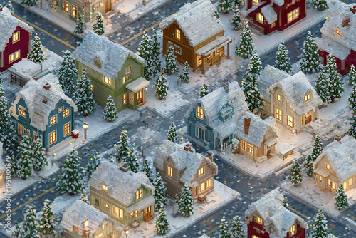 Seamless isometric snowy Christmas town pattern with cottages and snow covered trees creating cozy winter village scene with warm glowing windows and quiet streets