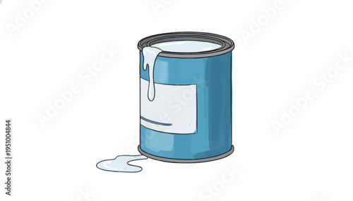Paint Can Spilling White Liquid, Messy Drip on White Background, DIY Home Improvement Concept