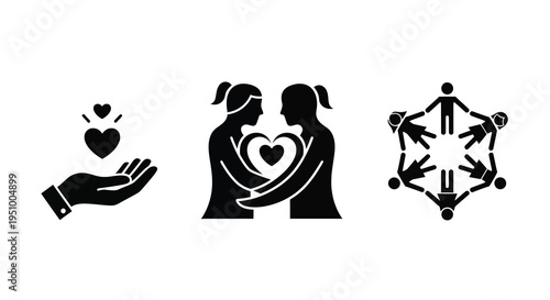 Illustrations depicting love connection and community in black silhouette