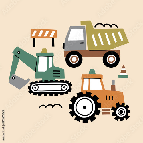 Vector construction truck clipart on isolated background. Hand drawn dumper and excavator illustration.