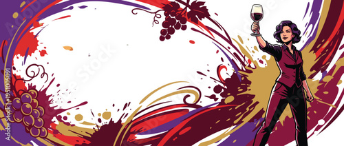 Wine Tasting Celebration with Dynamic Heroic Woman Holding Glass of Red Wine