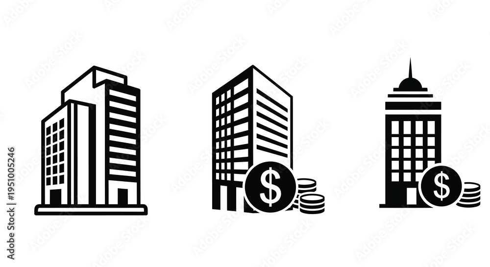 Fototapeta premium Buildings with dollar signs and coins a stark black silhouette