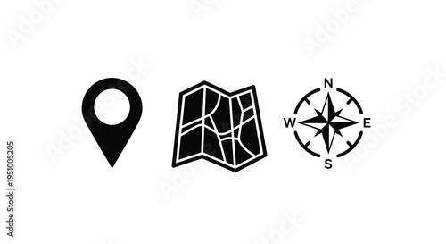 Navigation icons including map marker and compass black silhouette