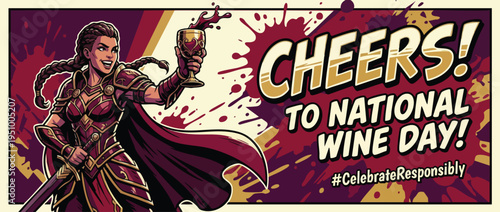 Wine Day Celebration with Armored Woman Making a Dynamic Cheers Toast