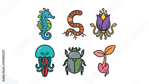 Cute Cartoon Biology Icons Set: Diverse Flat Design Illustrations of Marine Life, Insects, Worm, and Plants