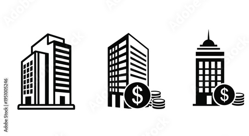 Buildings with dollar signs and coins a stark black silhouette