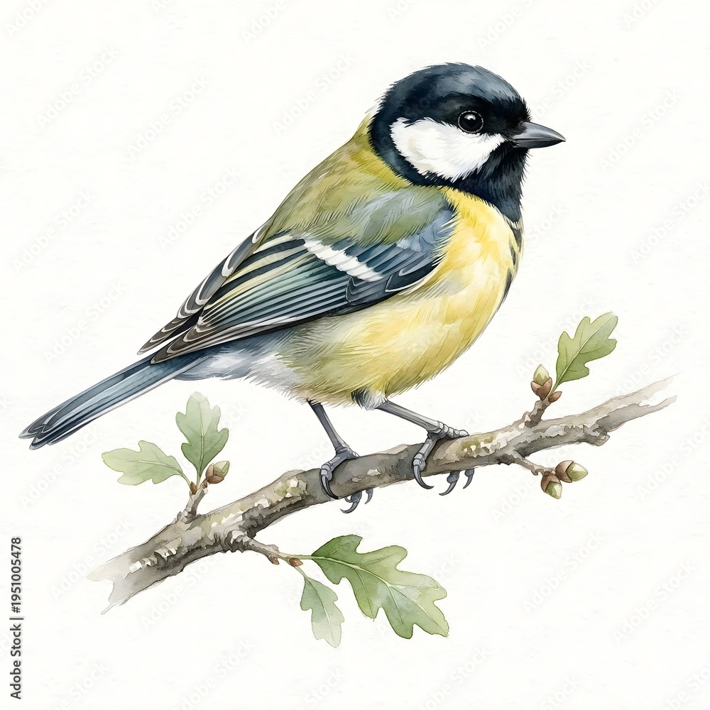 Obraz premium Great Tit Bird Watercolor Illustration Perching on Oak Branch