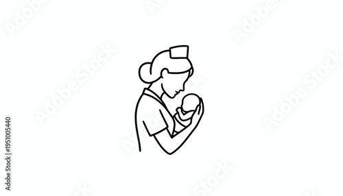 Nurse holding a newborn baby, line art illustration, medical care, maternity, new life