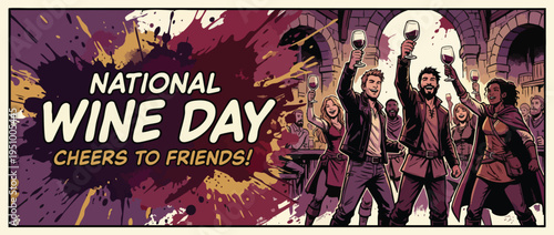Wine Festival Celebration Friends Toasting with Glasses in a Vibrant Comic Style