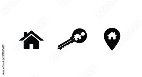 Real estate icons depicting a house key and location silhouette