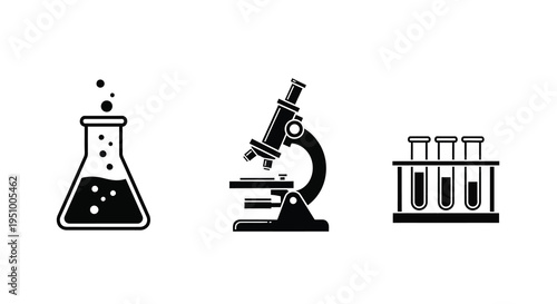Scientific equipment including flasks microscope and test tubes silhouette