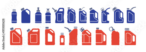 Set of disposable fuel containers, clean vector flat icons isolated on white.