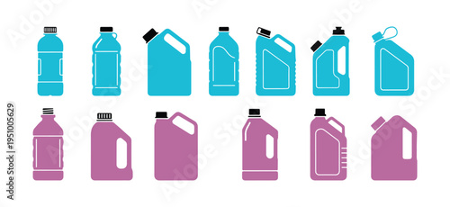 Assorted plastic fuel bottles in minimal flat illustration style.