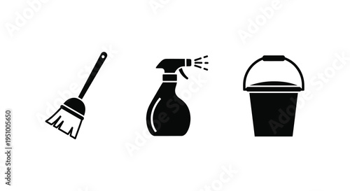 Cleaning tools including a broom spray bottle and bucket silhouette