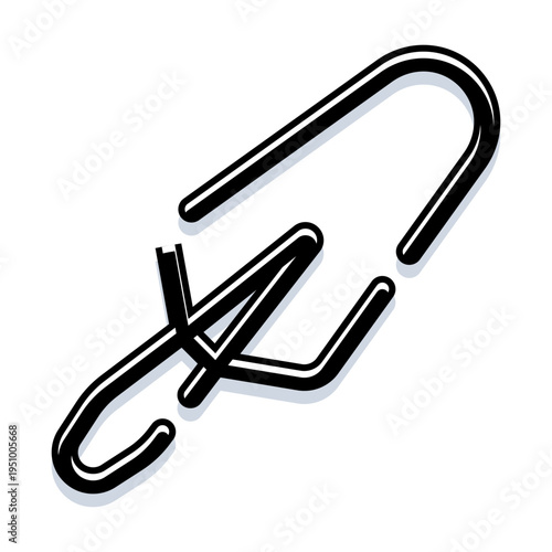 Broken paperclip icon with dark outline and subtle shadow on white background, representing a severed attachment, disconnected link or failed digital communication and error state
