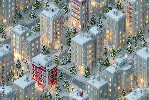 Seamless isometric winter city block pattern with snowy buildings and snow covered pine trees lining streets, glowing windows create warm and cozy atmosphere