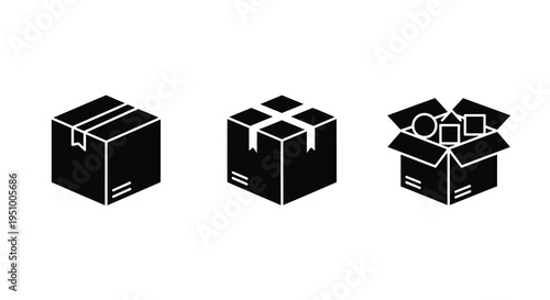 Three black boxes in varying states of opening a sleek silhouette