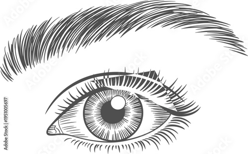 Vector hand drawn female eye with eyebrow illustration, black and white sketch for beauty