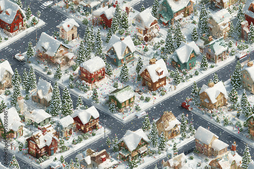 Winter holiday town with snow covered houses and pine trees along streets, creating festive and cozy seasonal atmosphere with gentle snowfall and colorful decorations