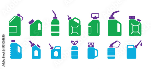 Collection of disposable plastic bottles for fuel storage in flat vector style.