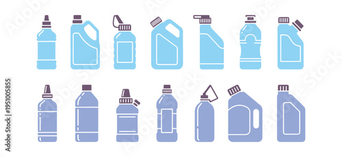 Variety of fuel plastic bottle icons, simple flat design on white background.