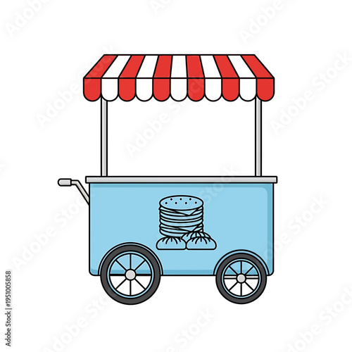 Blue Food Cart With Red and White Striped Awning